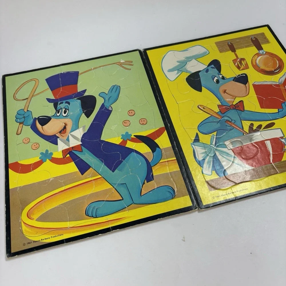 2 VTG 1961 Hanna-Barbera Productions Huckleberry Hound Tray Puzzles Cardboard